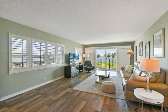 living room with a textured ceiling and dark hardwood / wood-style flooring