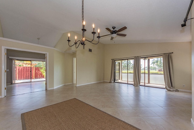 spare room with ceiling fan with notable chandelier, baseboard heating, light tile floors, and lofted ceiling