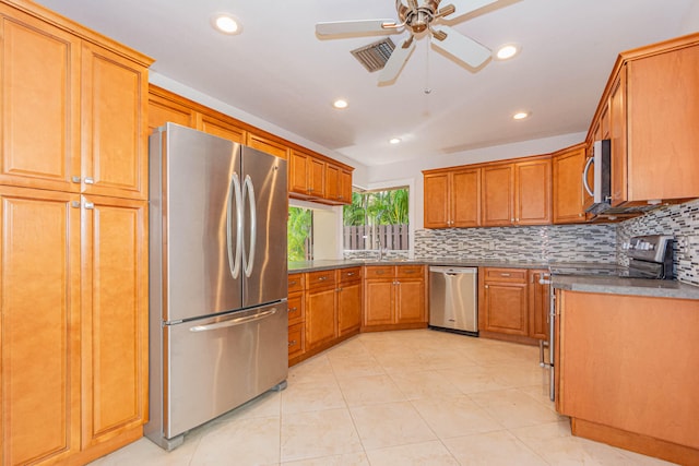 kitchen with ceiling fan, sink, light tile flooring, backsplash, and stainless steel appliances