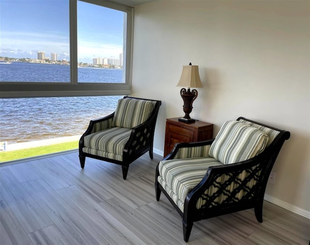 sitting room with wood-type flooring and a water view