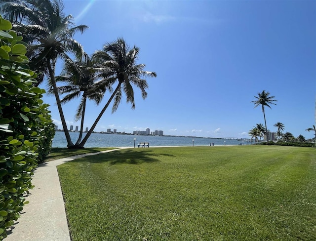 view of yard with a water view