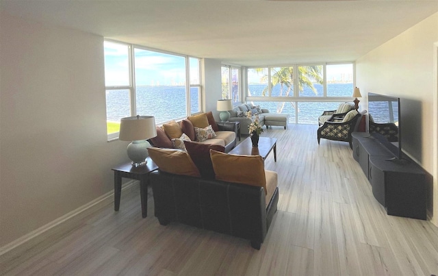 living room featuring hardwood / wood-style flooring and a wall of windows