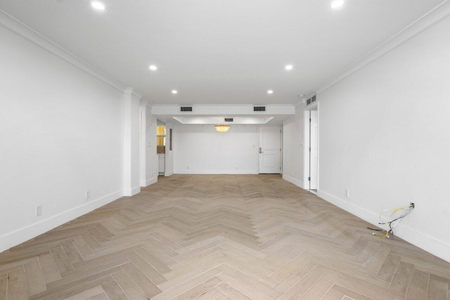 unfurnished living room featuring crown molding and light parquet floors