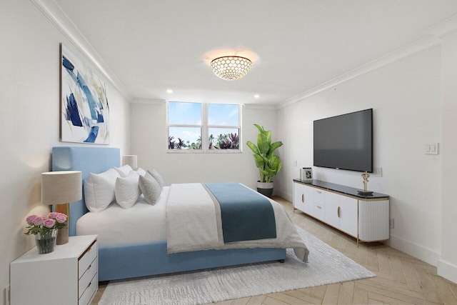 bedroom featuring crown molding and light parquet floors