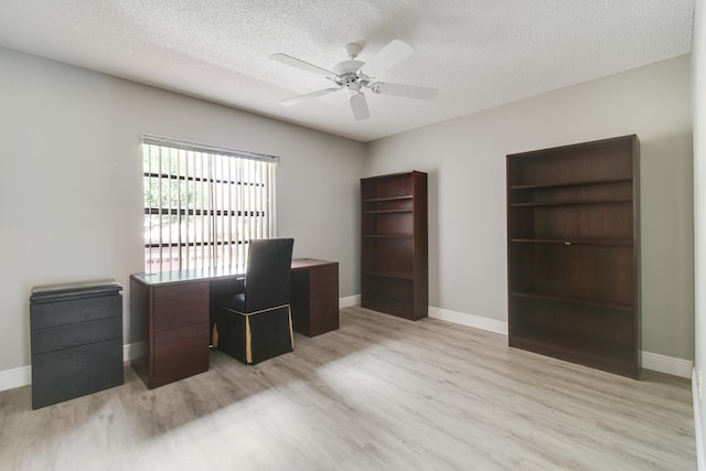 office space featuring a textured ceiling, light hardwood / wood-style floors, and ceiling fan