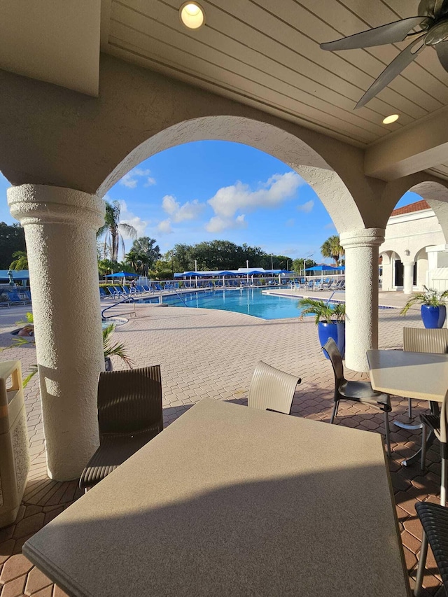 view of pool featuring a patio area and ceiling fan