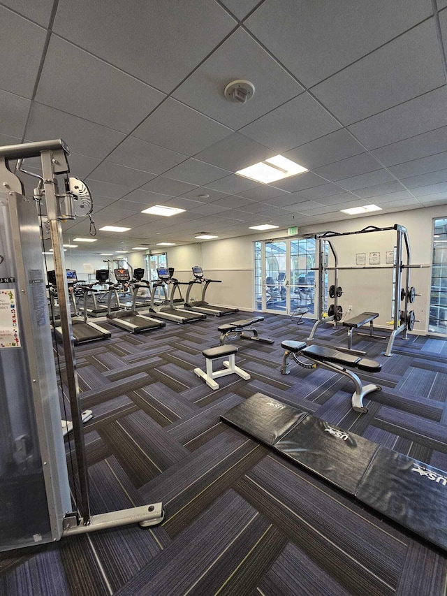 workout area with a paneled ceiling and carpet floors