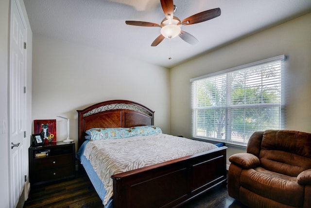 bedroom with a closet, ceiling fan, and dark wood-type flooring