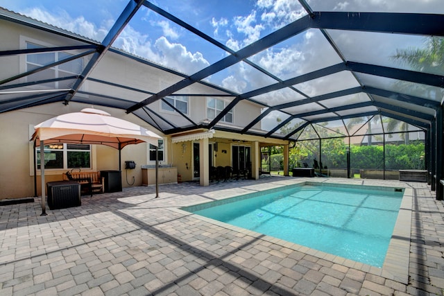 view of swimming pool with a patio and a lanai