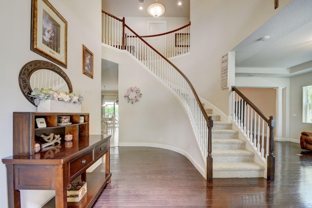 staircase featuring a high ceiling, hardwood / wood-style floors, and a wealth of natural light