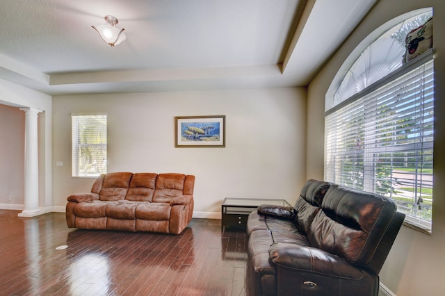 living room with hardwood / wood-style floors and ornate columns