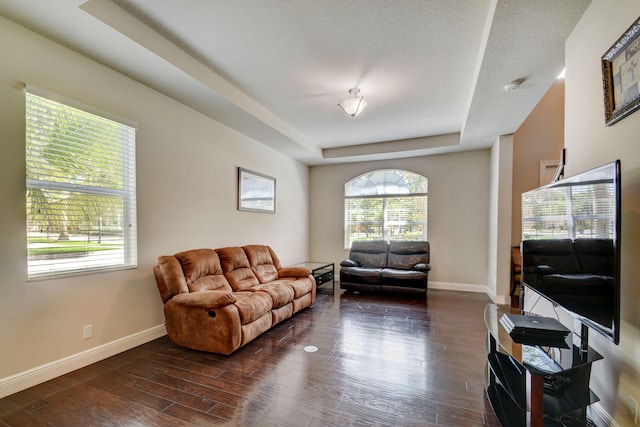 living room with a textured ceiling, a raised ceiling, and dark hardwood / wood-style flooring