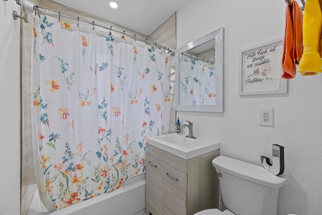 full bathroom with toilet, shower / bathtub combination with curtain, and vanity