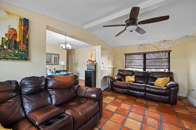 living room featuring lofted ceiling with beams, ceiling fan with notable chandelier, and tile patterned floors