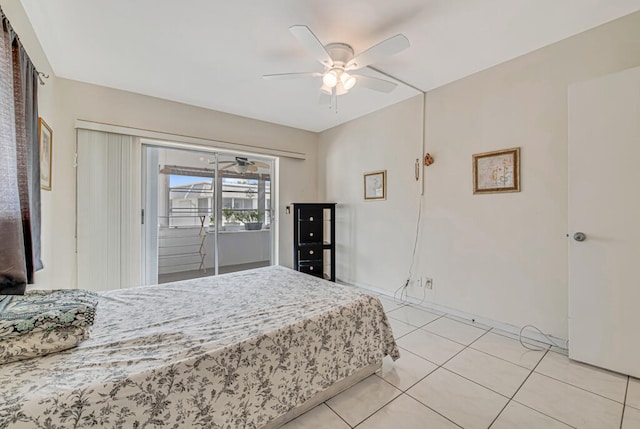 bedroom featuring ceiling fan, light tile floors, and access to exterior