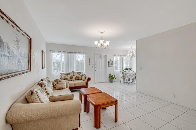 tiled living room with a chandelier