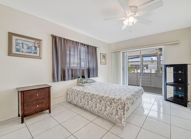 tiled bedroom featuring ceiling fan and access to exterior