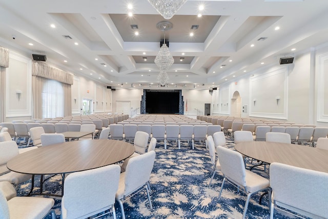 dining space with carpet floors and coffered ceiling