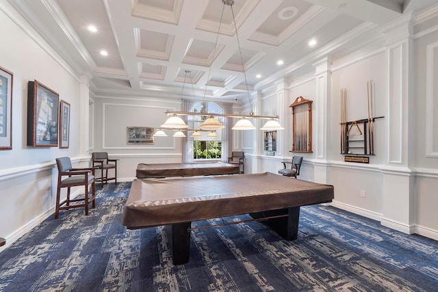 recreation room with pool table, dark colored carpet, crown molding, and coffered ceiling