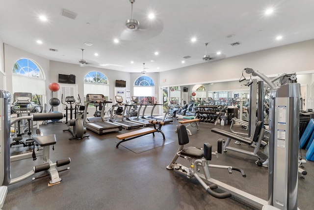 gym featuring ceiling fan