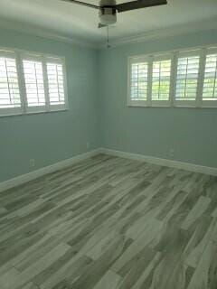 spare room with ceiling fan, a wealth of natural light, and dark hardwood / wood-style floors