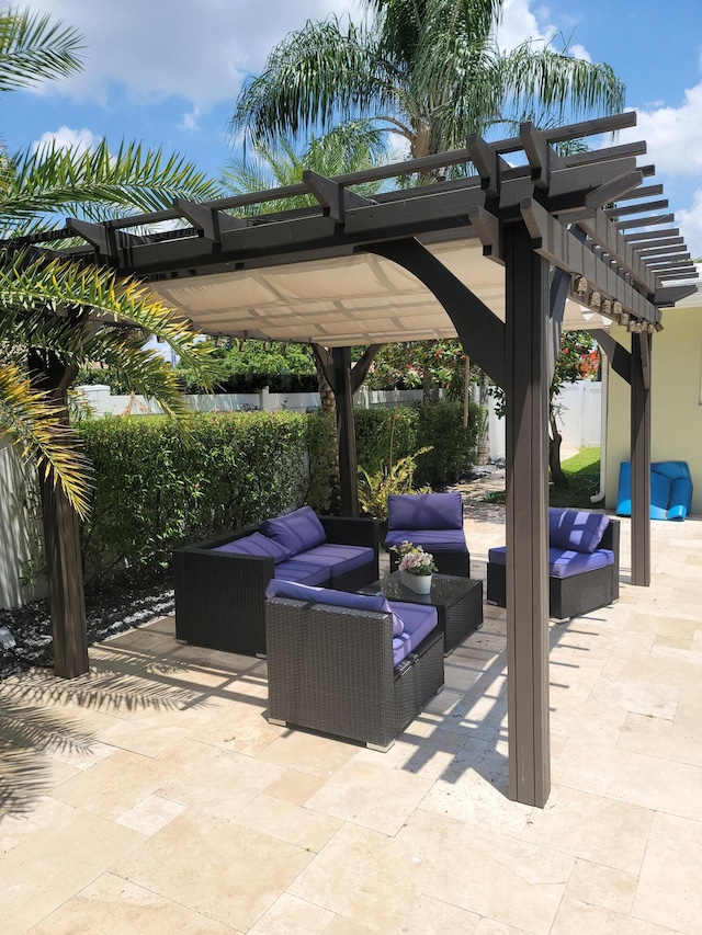 view of terrace with a pergola and an outdoor hangout area