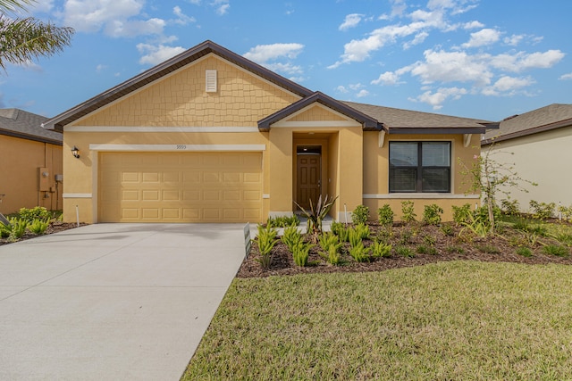 view of front facade with a front lawn and a garage