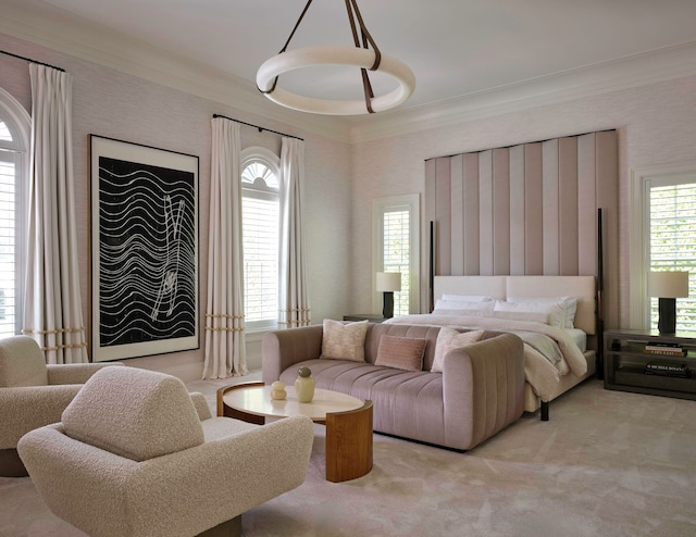 bedroom featuring crown molding and carpet flooring