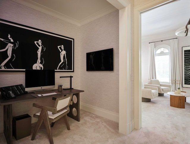 office space featuring light carpet and ornamental molding