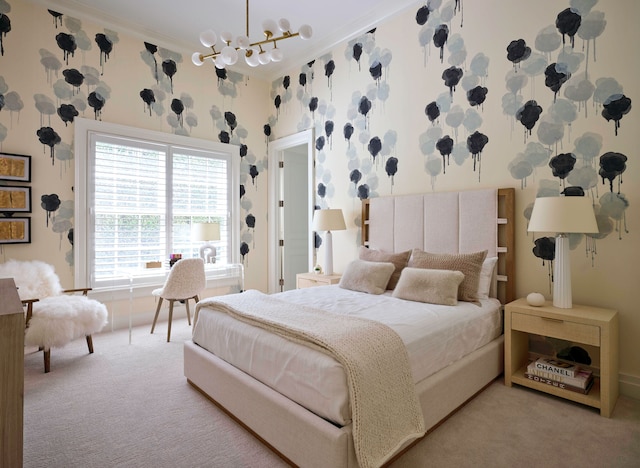 bedroom featuring carpet floors, crown molding, and an inviting chandelier