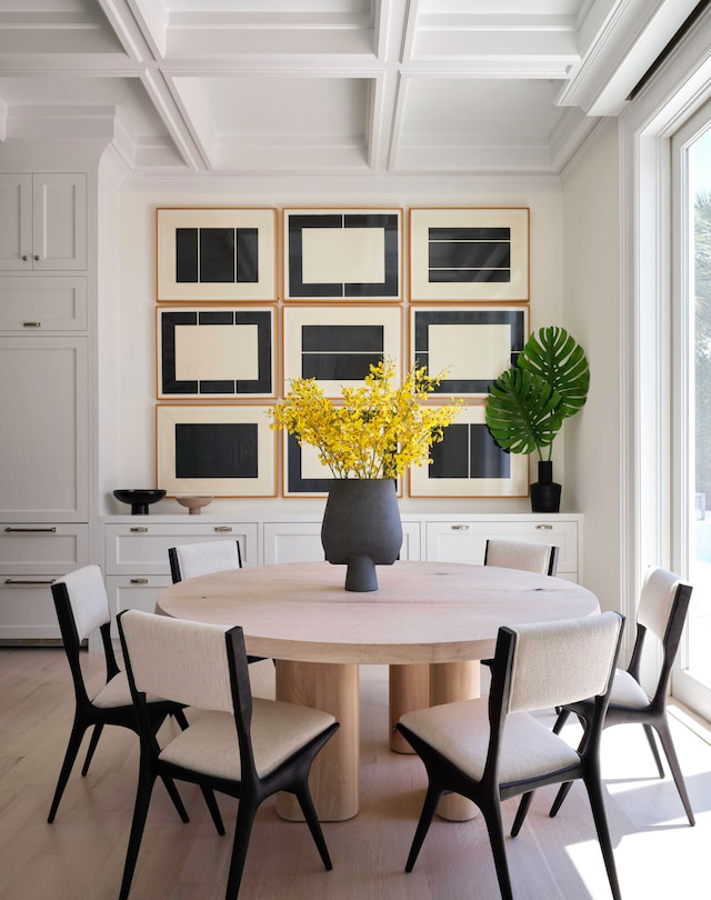 dining area with beam ceiling, hardwood / wood-style flooring, and coffered ceiling