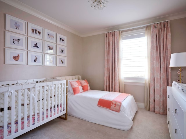 carpeted bedroom with ornamental molding and multiple windows