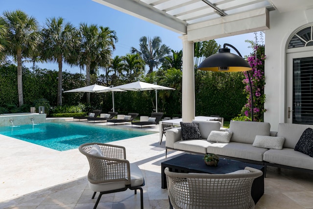 view of swimming pool featuring outdoor lounge area, pool water feature, a patio area, and a pergola