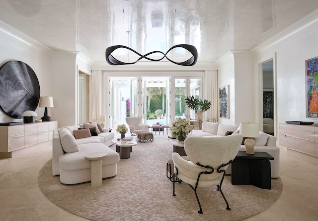 tiled living room featuring ornamental molding