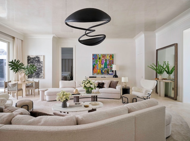 living room with light carpet and ornamental molding