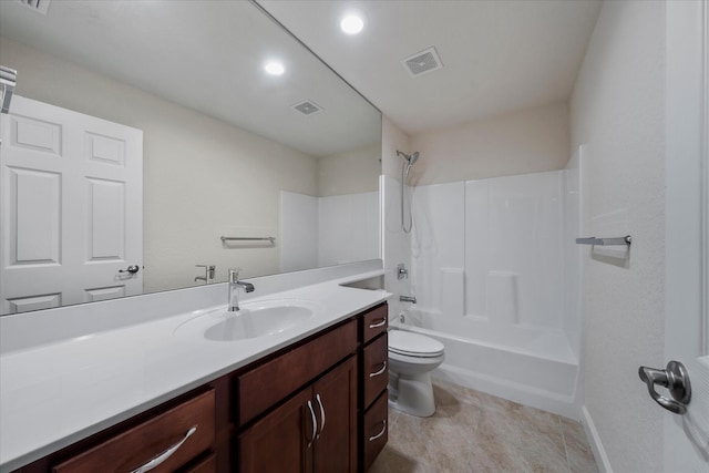 full bathroom with shower / tub combination, tile flooring, vanity, and toilet