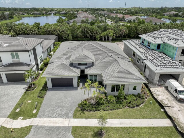 drone / aerial view featuring a water view