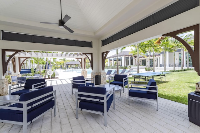 view of patio with an outdoor hangout area, a ceiling fan, and an outdoor pool