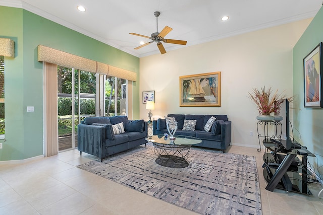 living room featuring ceiling fan, light tile flooring, and crown molding