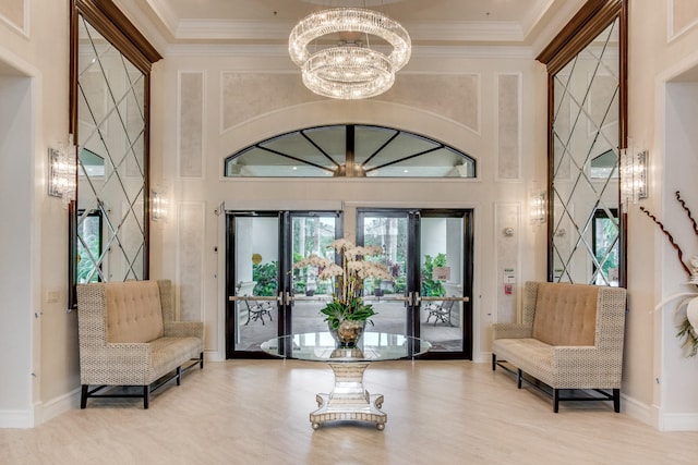 workout area with ornamental molding, coffered ceiling, a towering ceiling, and carpet floors