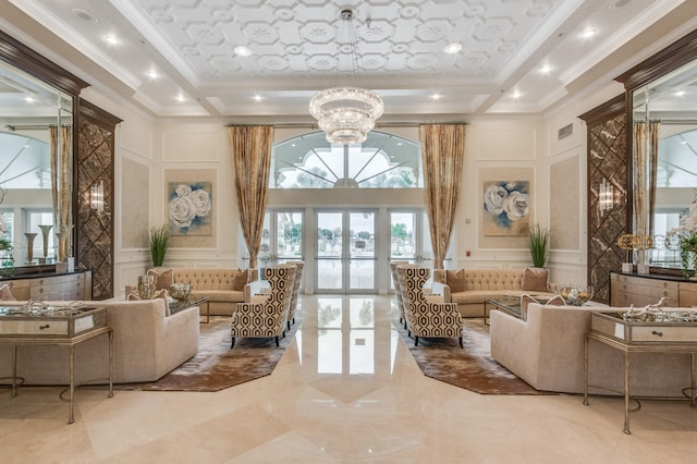 gym featuring ceiling fan, carpet floors, and coffered ceiling