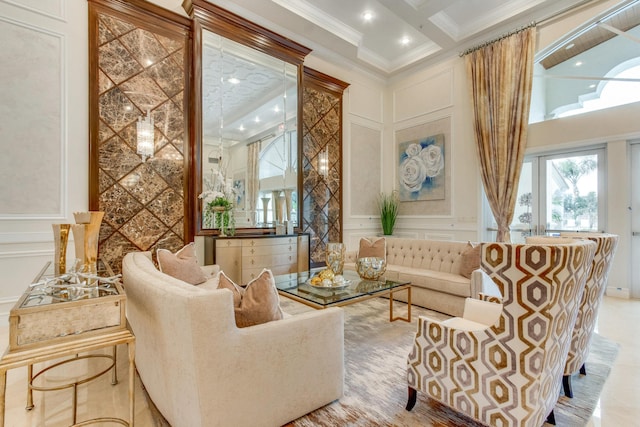 interior space featuring a high ceiling, crown molding, coffered ceiling, and beamed ceiling