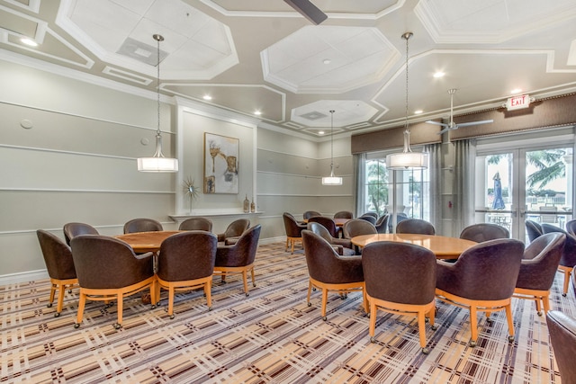 dining space featuring crown molding, coffered ceiling, and french doors