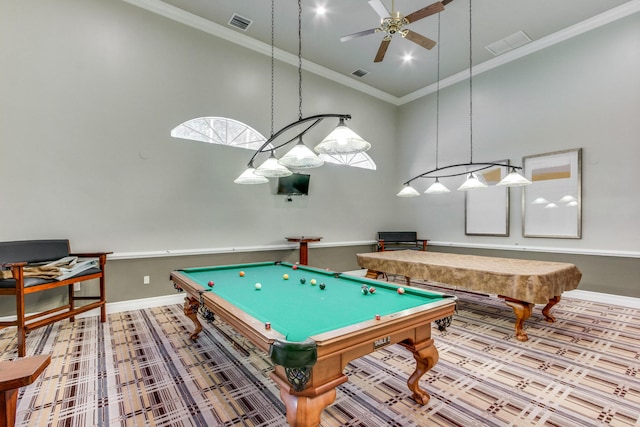 playroom featuring ceiling fan, billiards, ornamental molding, and high vaulted ceiling