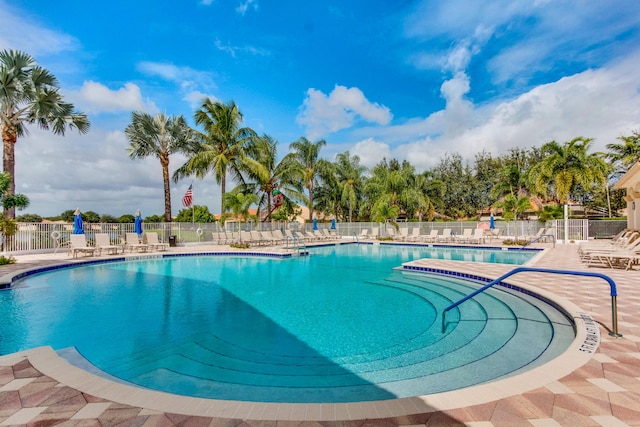 view of swimming pool featuring a patio area