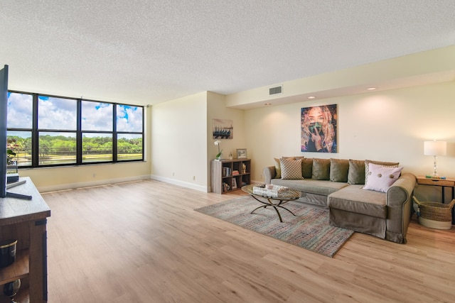 living area featuring light wood-style floors, a textured ceiling, and baseboards