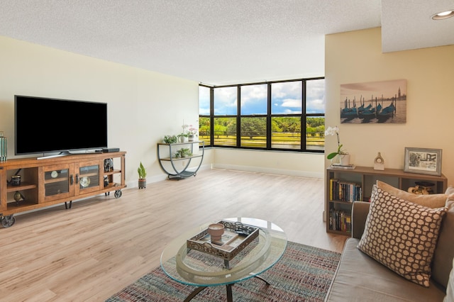 living area with a textured ceiling, wood finished floors, and baseboards