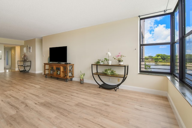 interior space with light hardwood / wood-style flooring and a textured ceiling