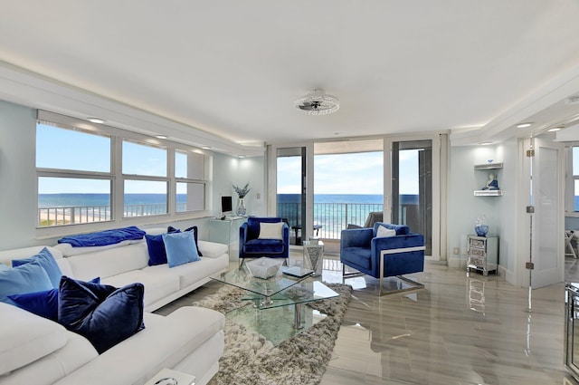 living room featuring a water view