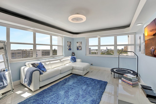 living room with a tray ceiling